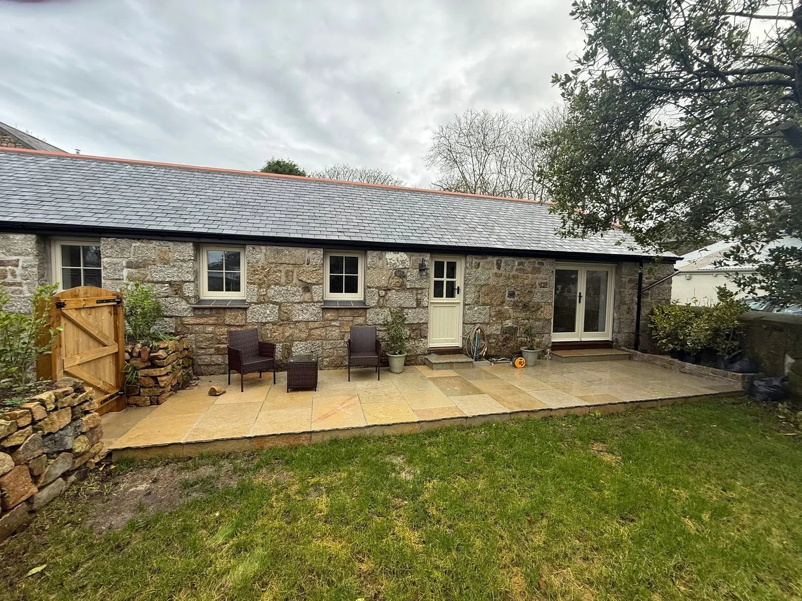 Stone patio and lawn